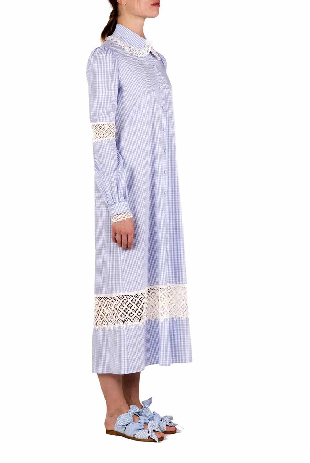 Luisa Beccaria Abito Chemisier In Cotone A Quadretti Con Pizzo