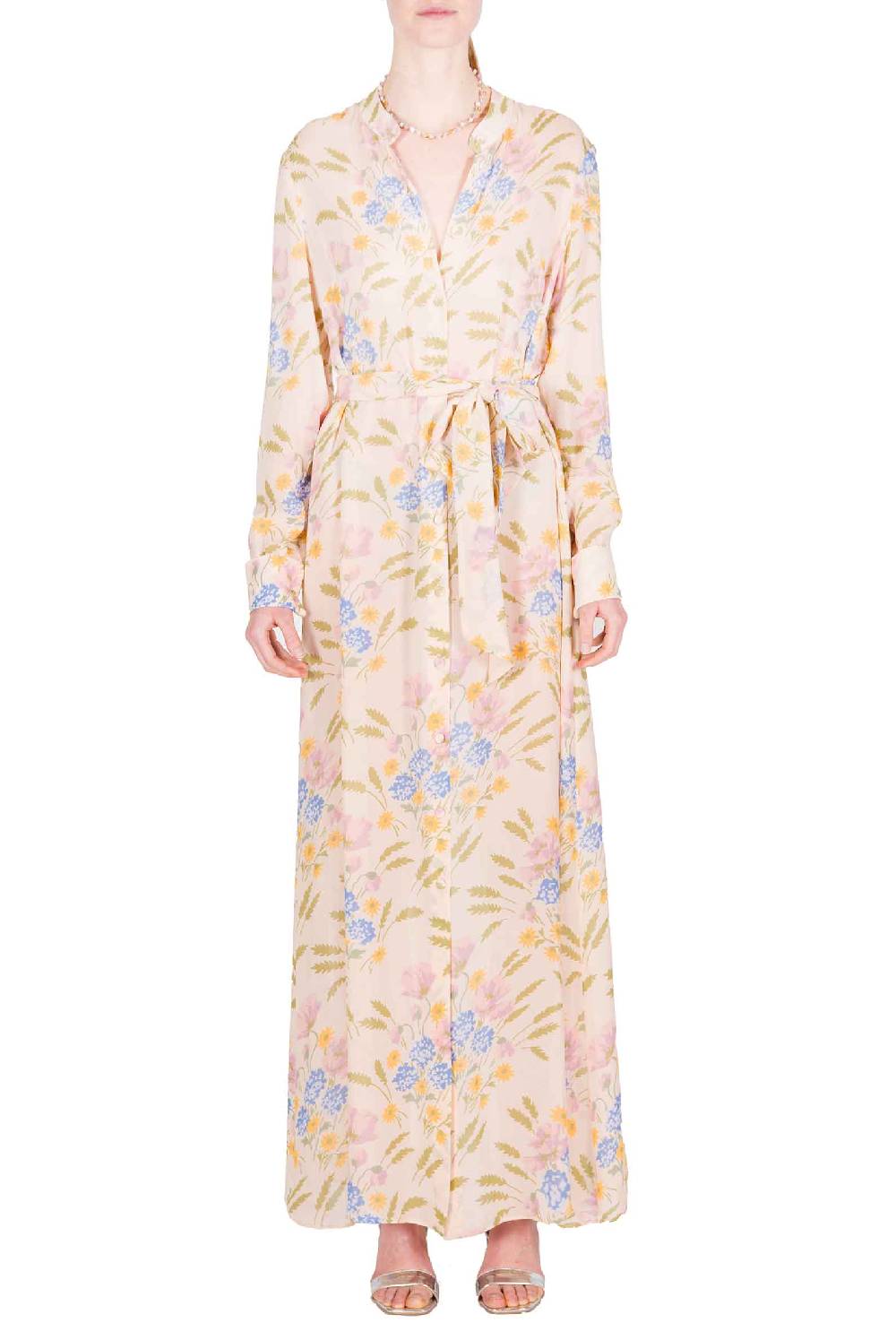 Luisa Beccaria Abito Con Fusciacca In Georgette Stampato In Macro Blooming Mirage