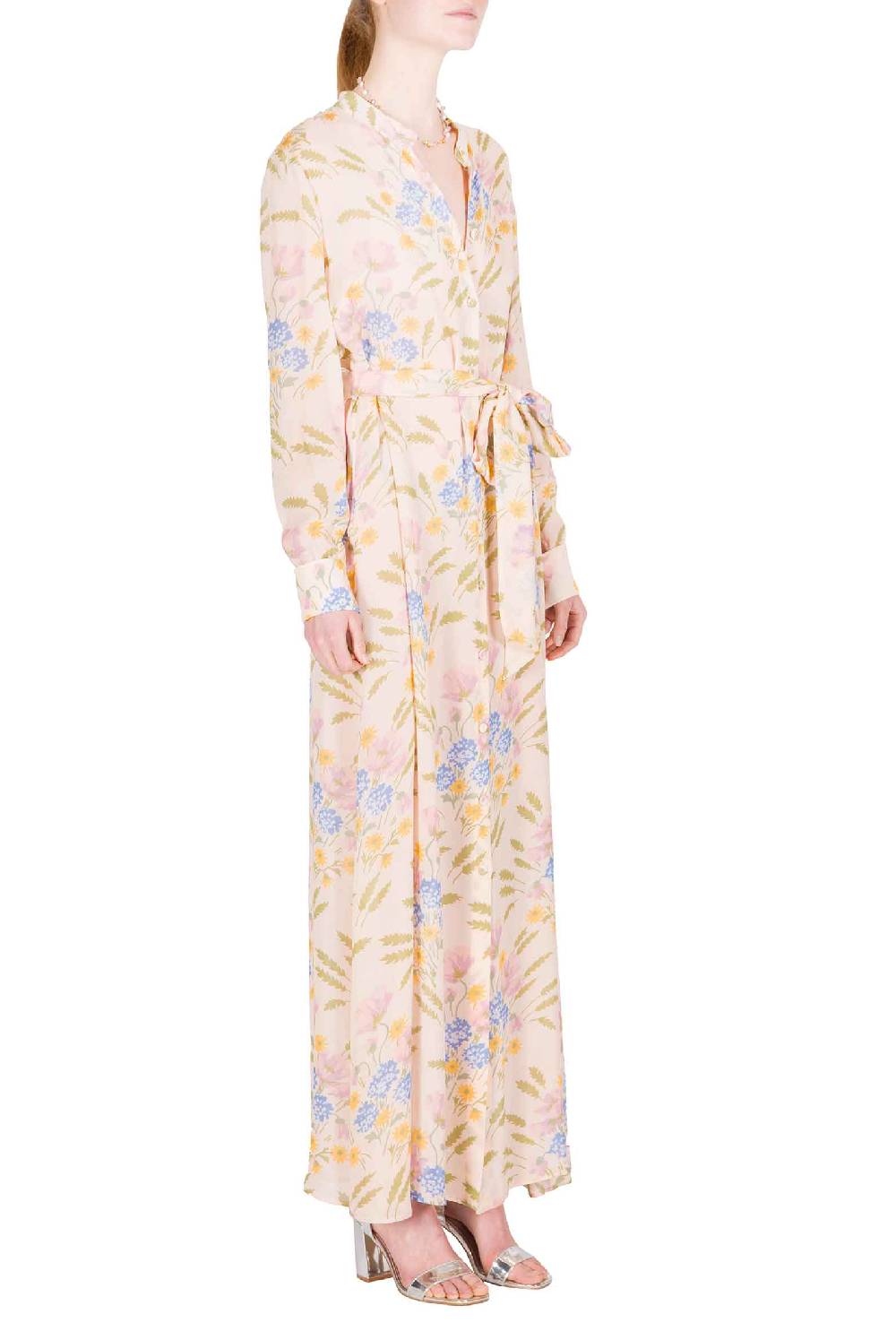 Luisa Beccaria Abito Con Fusciacca In Georgette Stampato In Macro Blooming Mirage