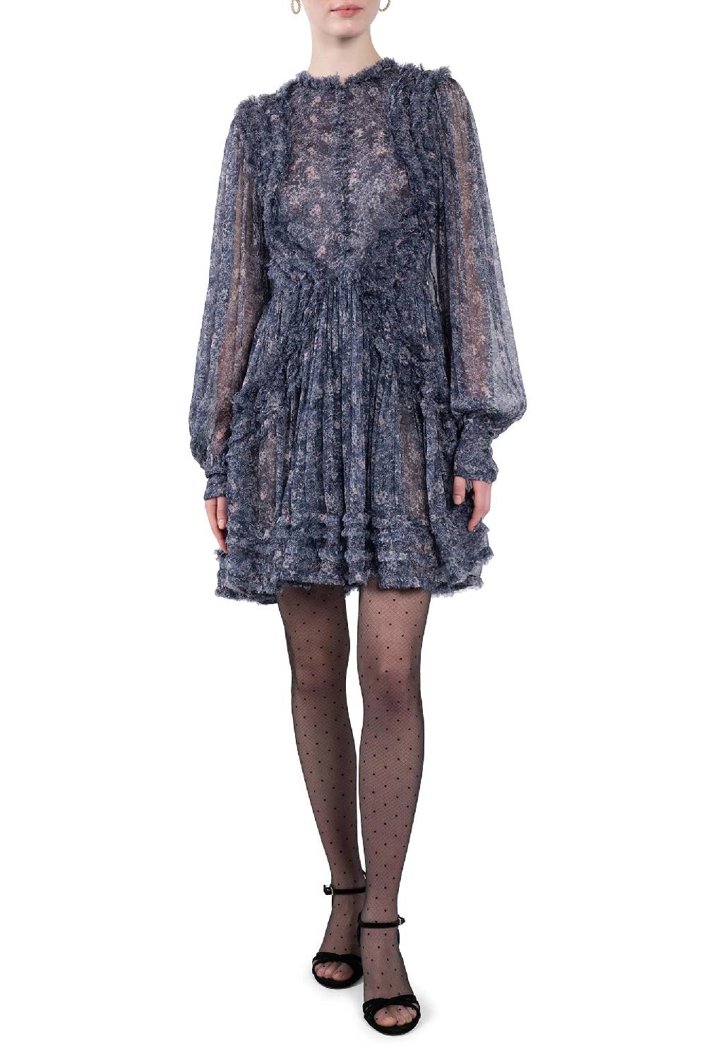 Luisa Beccaria Abito Corto In Chiffon Con Frange E Micro Fiori