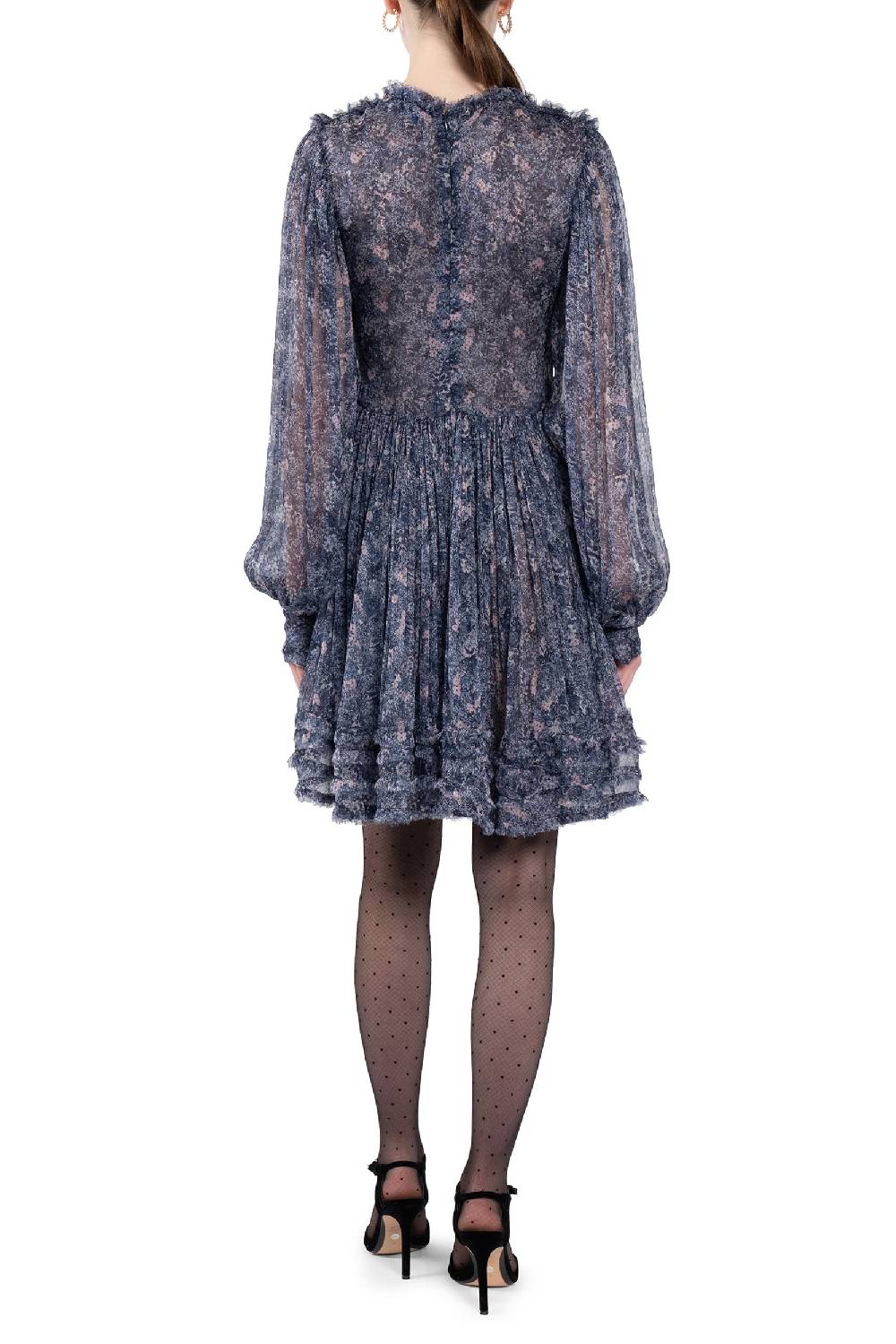 Luisa Beccaria Abito Corto In Chiffon Con Frange E Micro Fiori