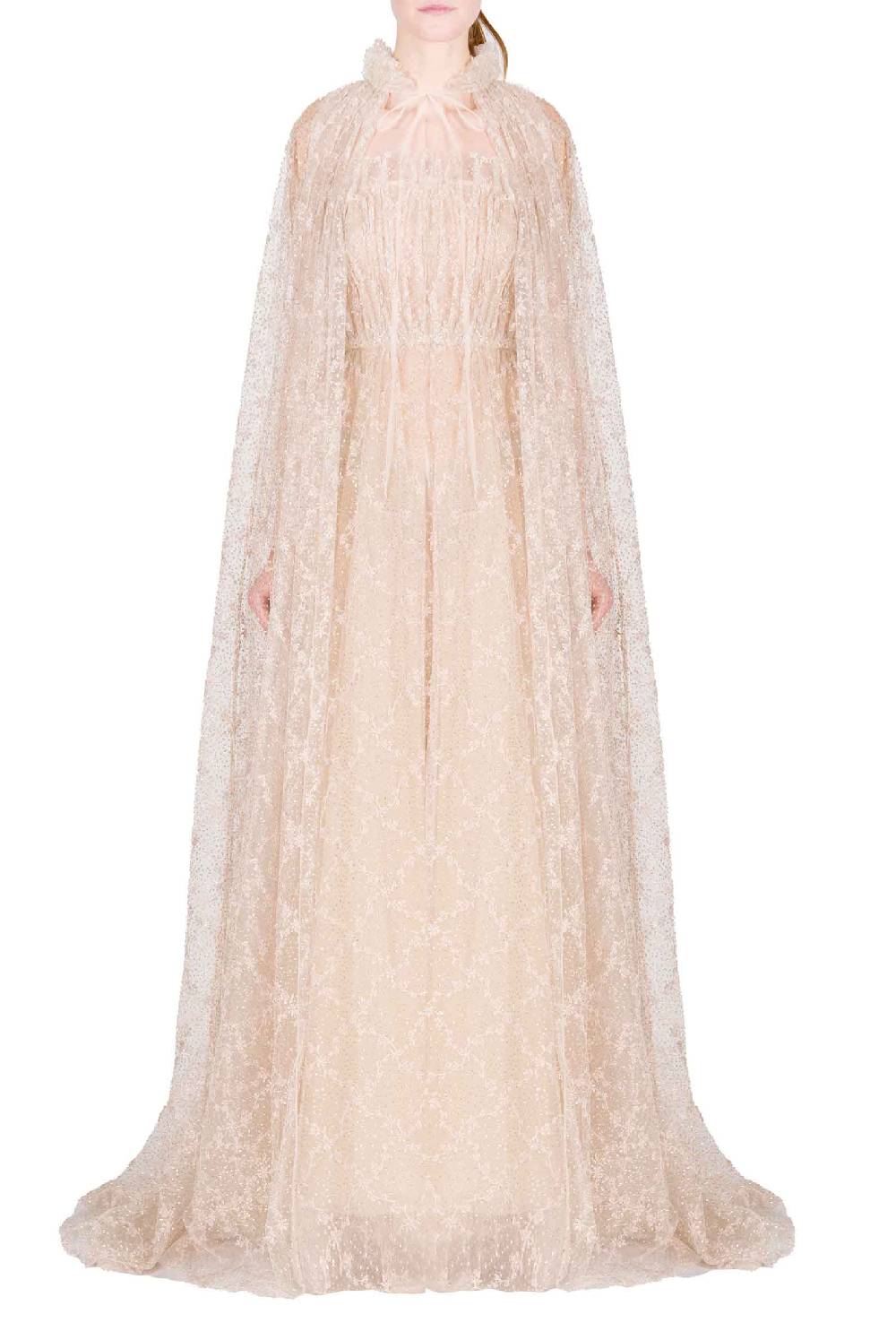 Luisa Beccaria Abito Da Sera Con Mantello In Tulle Lucido Ricamato