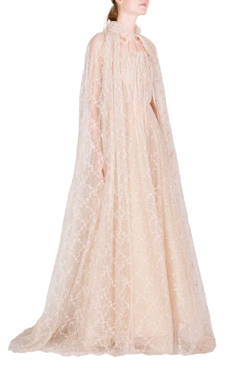 Luisa Beccaria Abito Da Sera Con Mantello In Tulle Lucido Ricamato