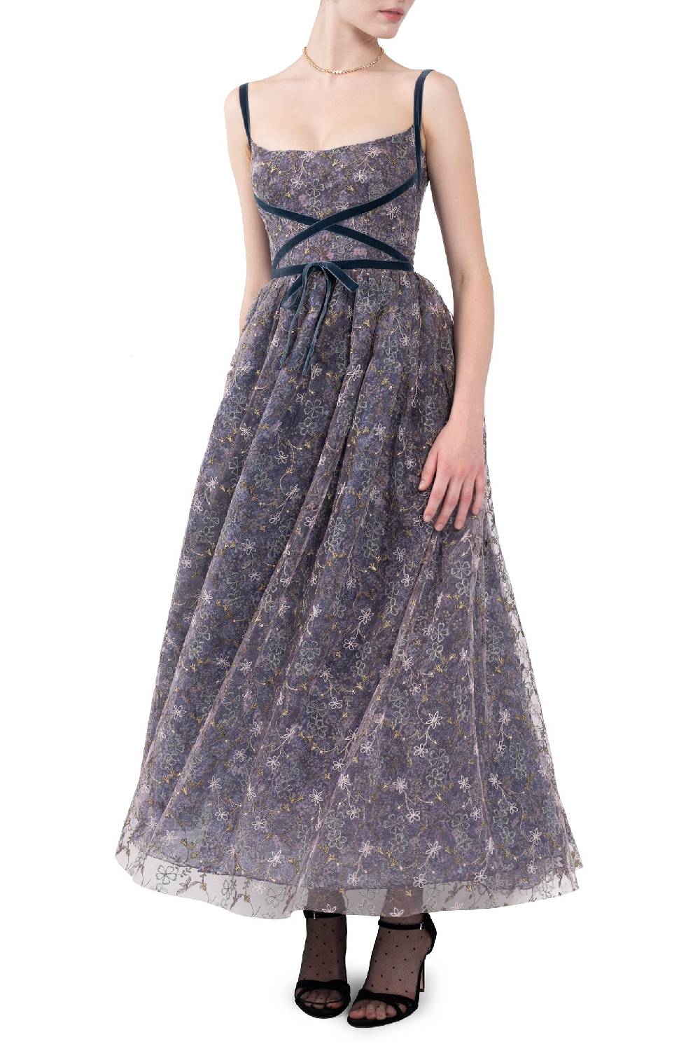 Luisa Beccaria Abito Da Sera Con Tulle Floreale Ricamato