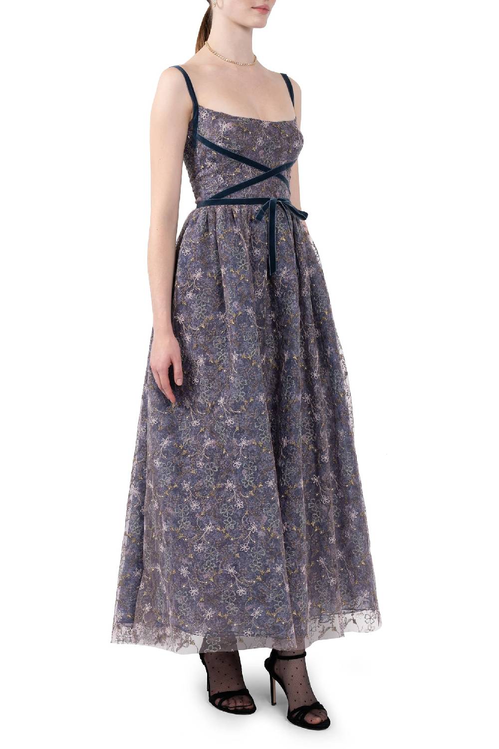 Luisa Beccaria Abito Da Sera Con Tulle Floreale Ricamato