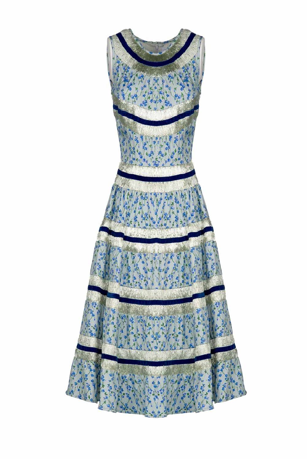 Luisa Beccaria Abito Floreale Azzurro Senza Maniche In Cotone E Rafia