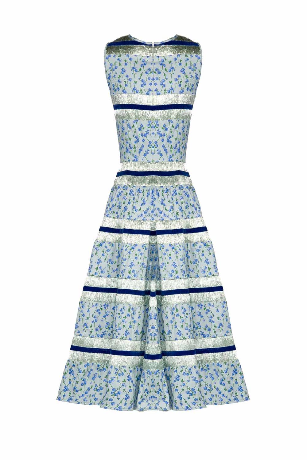 Luisa Beccaria Abito Floreale Azzurro Senza Maniche In Cotone E Rafia