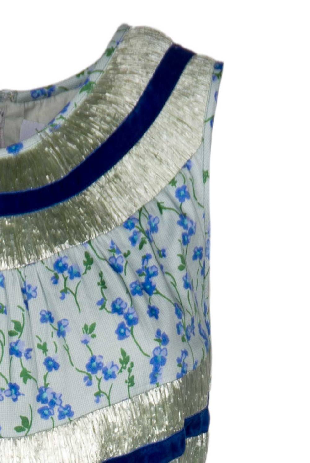 Luisa Beccaria Abito Floreale Azzurro Senza Maniche In Cotone E Rafia