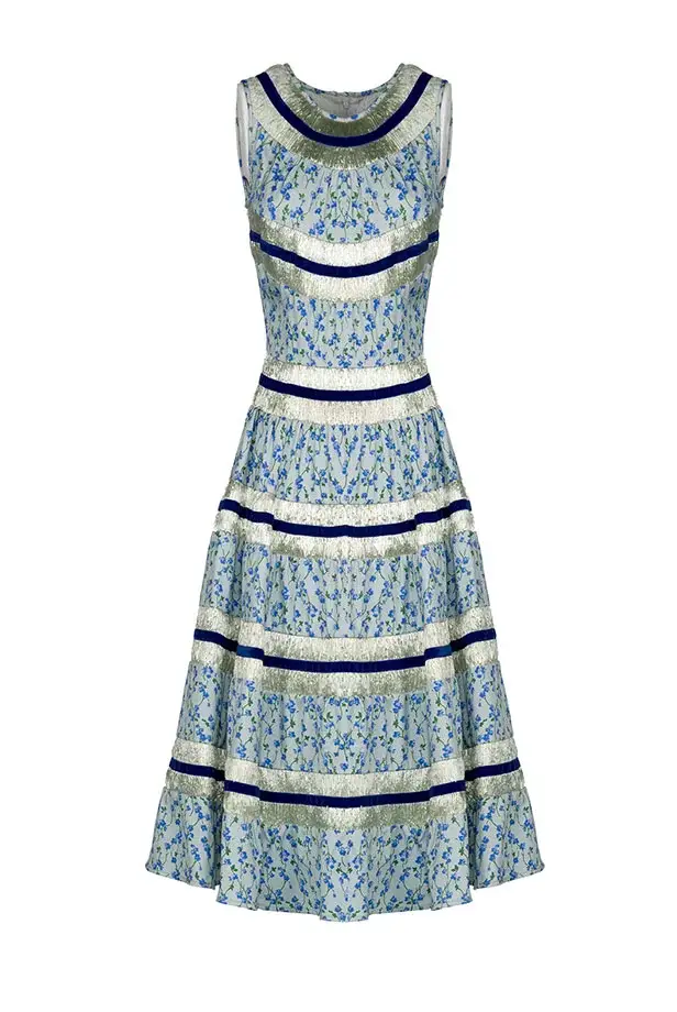 Luisa Beccaria Abito Floreale Azzurro Senza Maniche In Cotone E Rafia