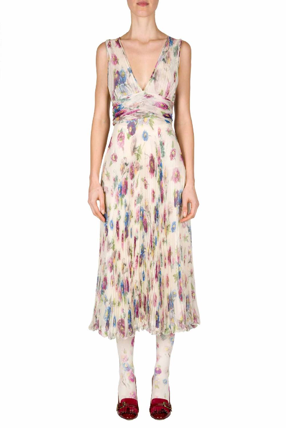 Luisa Beccaria Abito In Chiffon Stampato Con Macro Anemoni A Pieghe