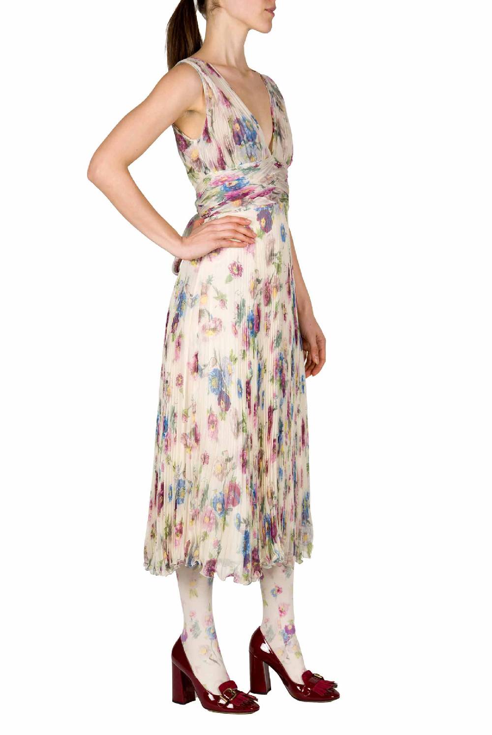 Luisa Beccaria Abito In Chiffon Stampato Con Macro Anemoni A Pieghe