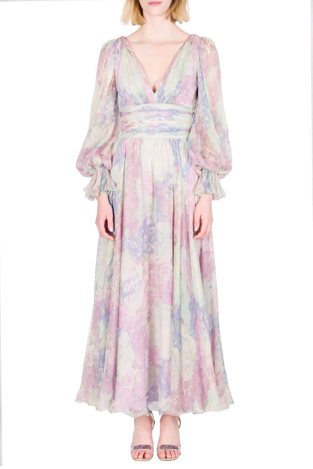 Luisa Beccaria Abito In Chiffon Stampato Luna Con Fiori Astratti