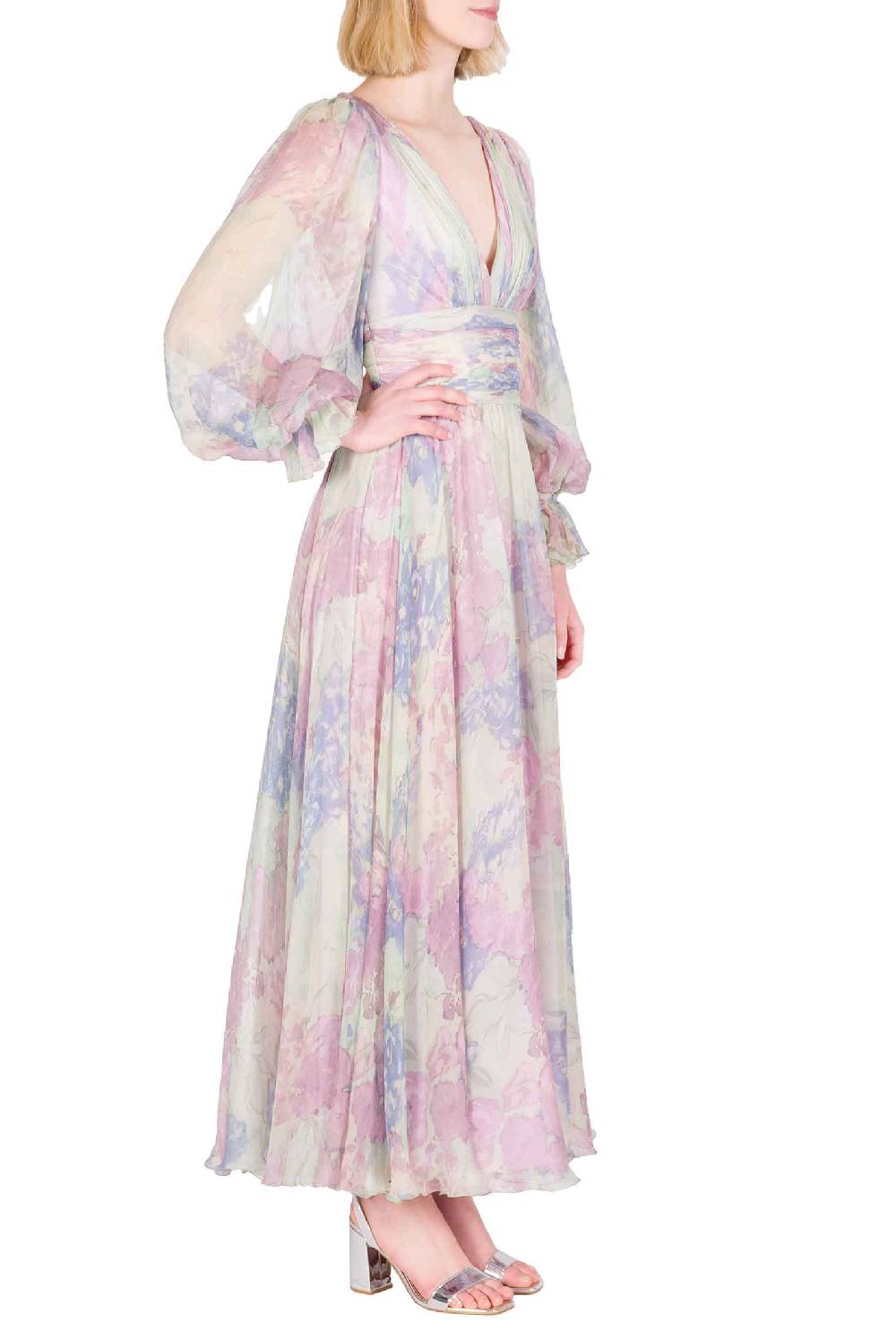 Luisa Beccaria Abito In Chiffon Stampato Luna Con Fiori Astratti