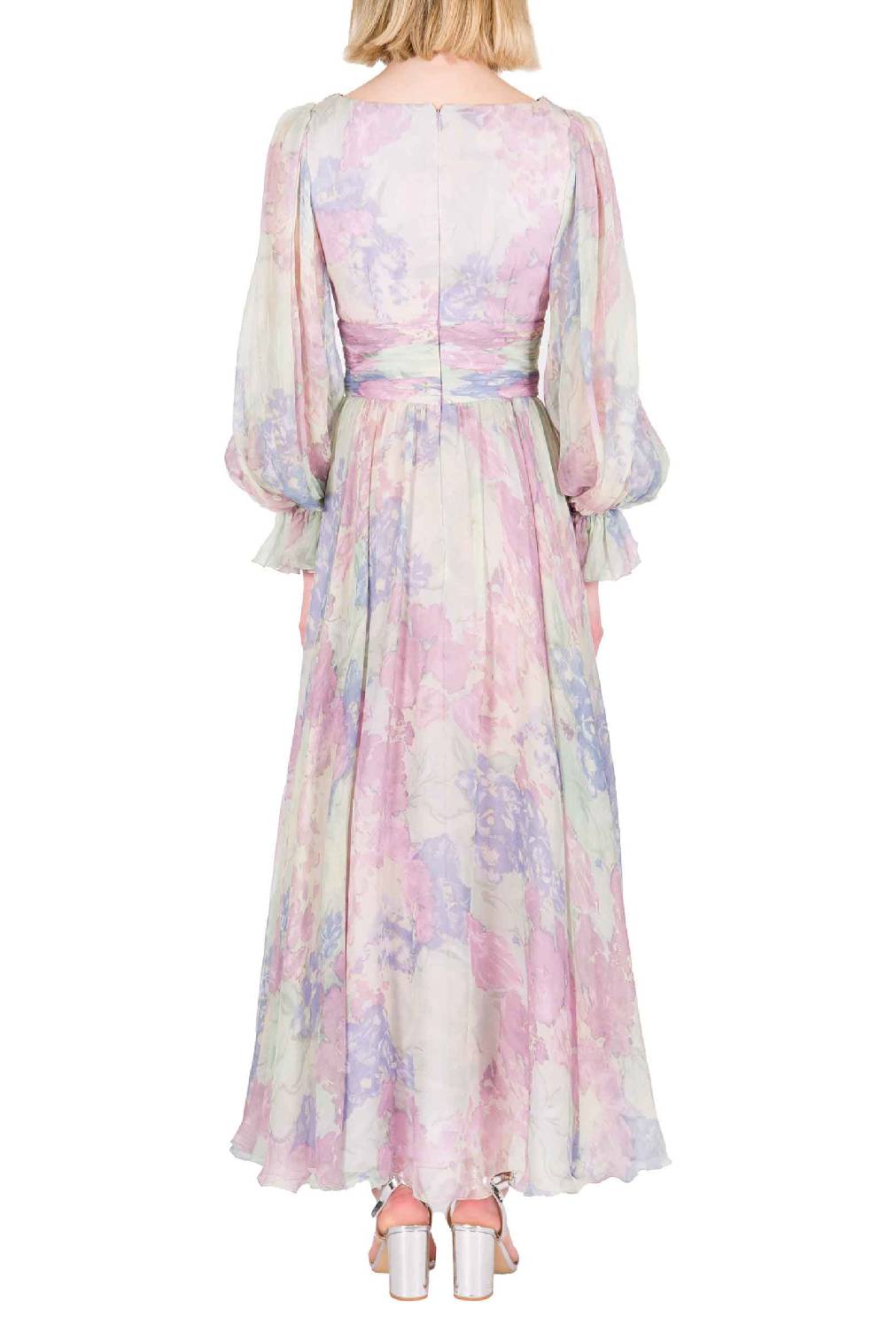 Luisa Beccaria Abito In Chiffon Stampato Luna Con Fiori Astratti