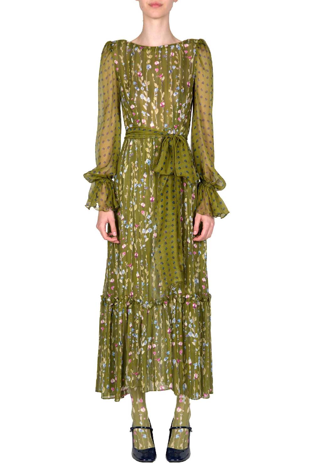 Luisa Beccaria Abito In Georgette Stampata Con Ghirlande Di Fiori