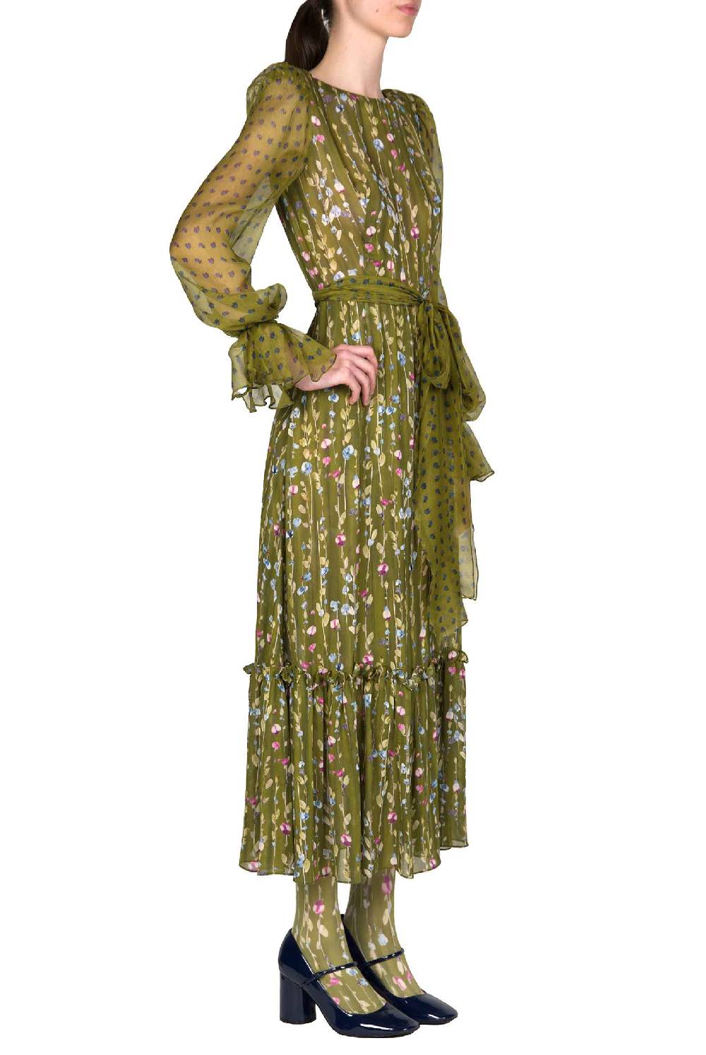 Luisa Beccaria Abito In Georgette Stampata Con Ghirlande Di Fiori