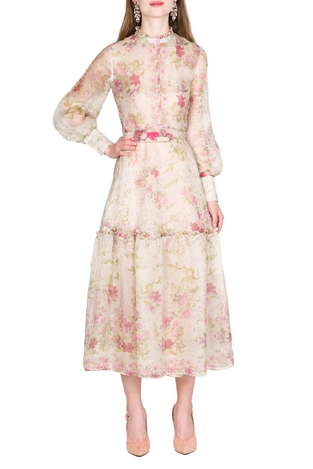 Luisa Beccaria Abito In Organza Di Seta Stampata Color Crema