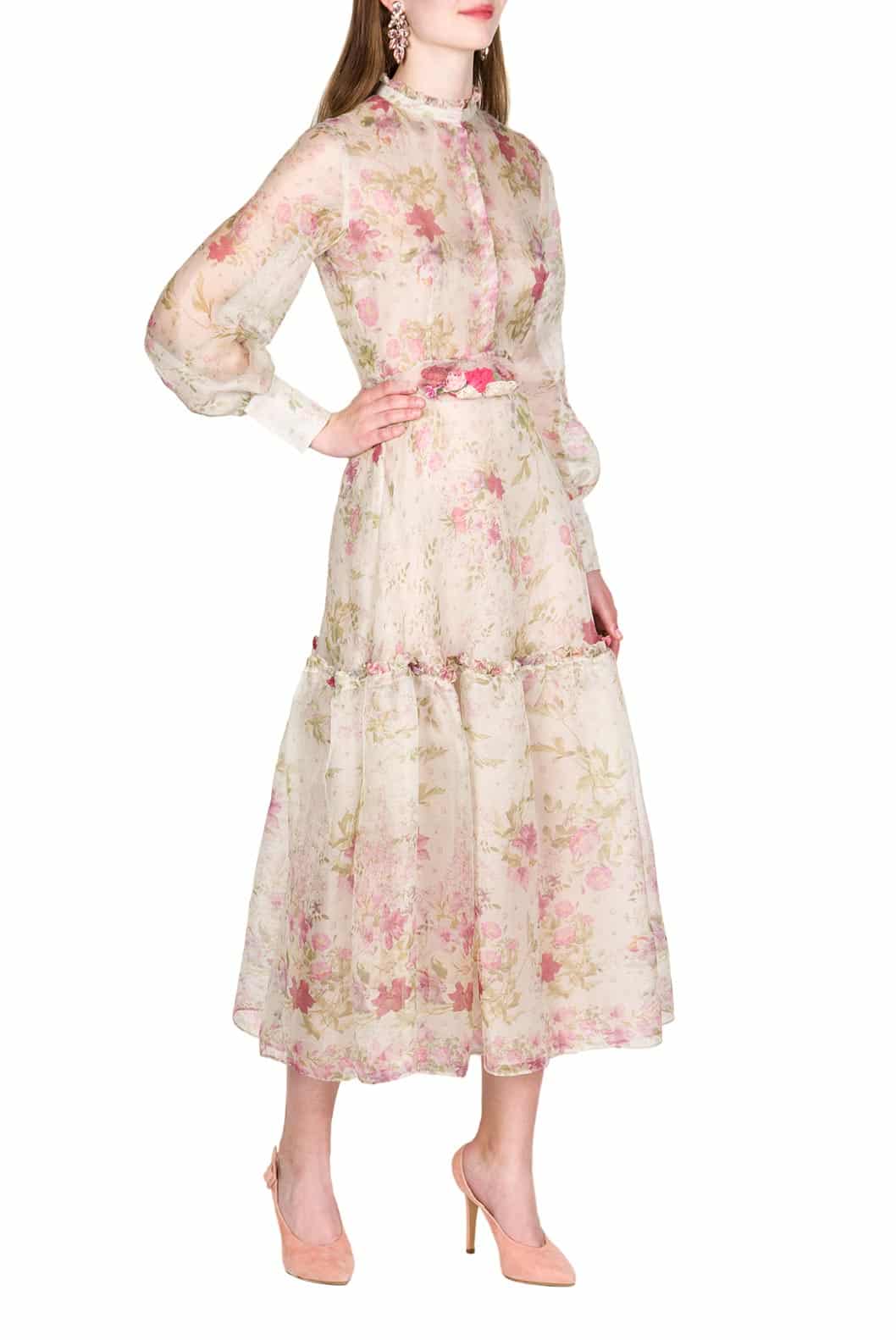 Luisa Beccaria Abito In Organza Di Seta Stampata Color Crema