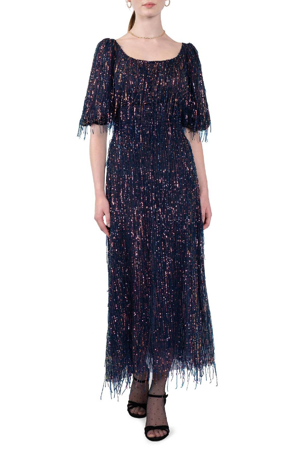 Luisa Beccaria Abito In Paillettes Con Scollatura Ampia E Frange