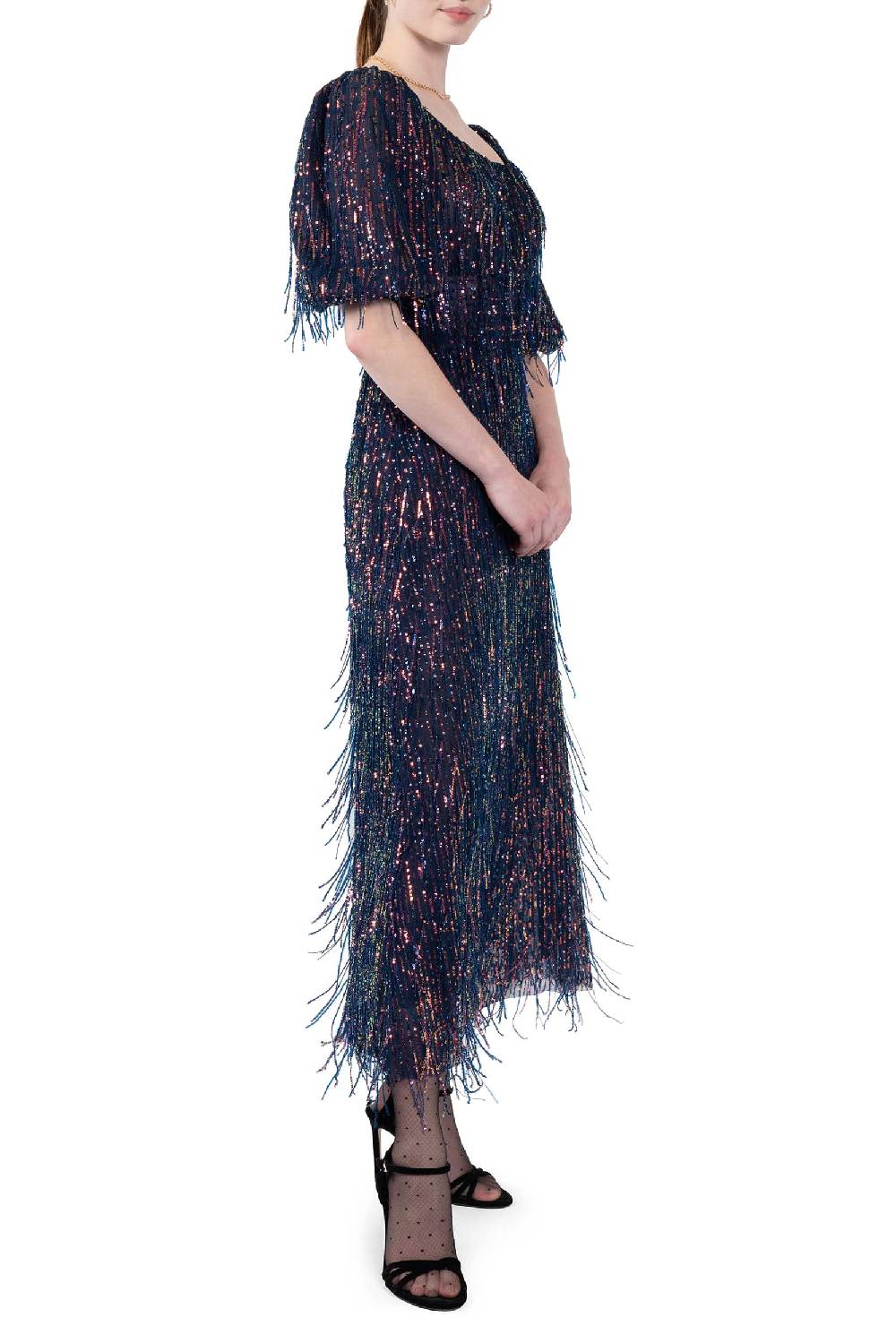 Luisa Beccaria Abito In Paillettes Con Scollatura Ampia E Frange