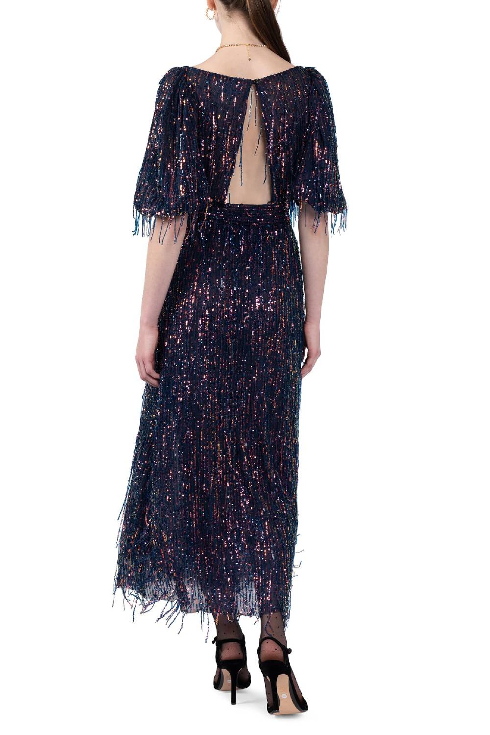 Luisa Beccaria Abito In Paillettes Con Scollatura Ampia E Frange