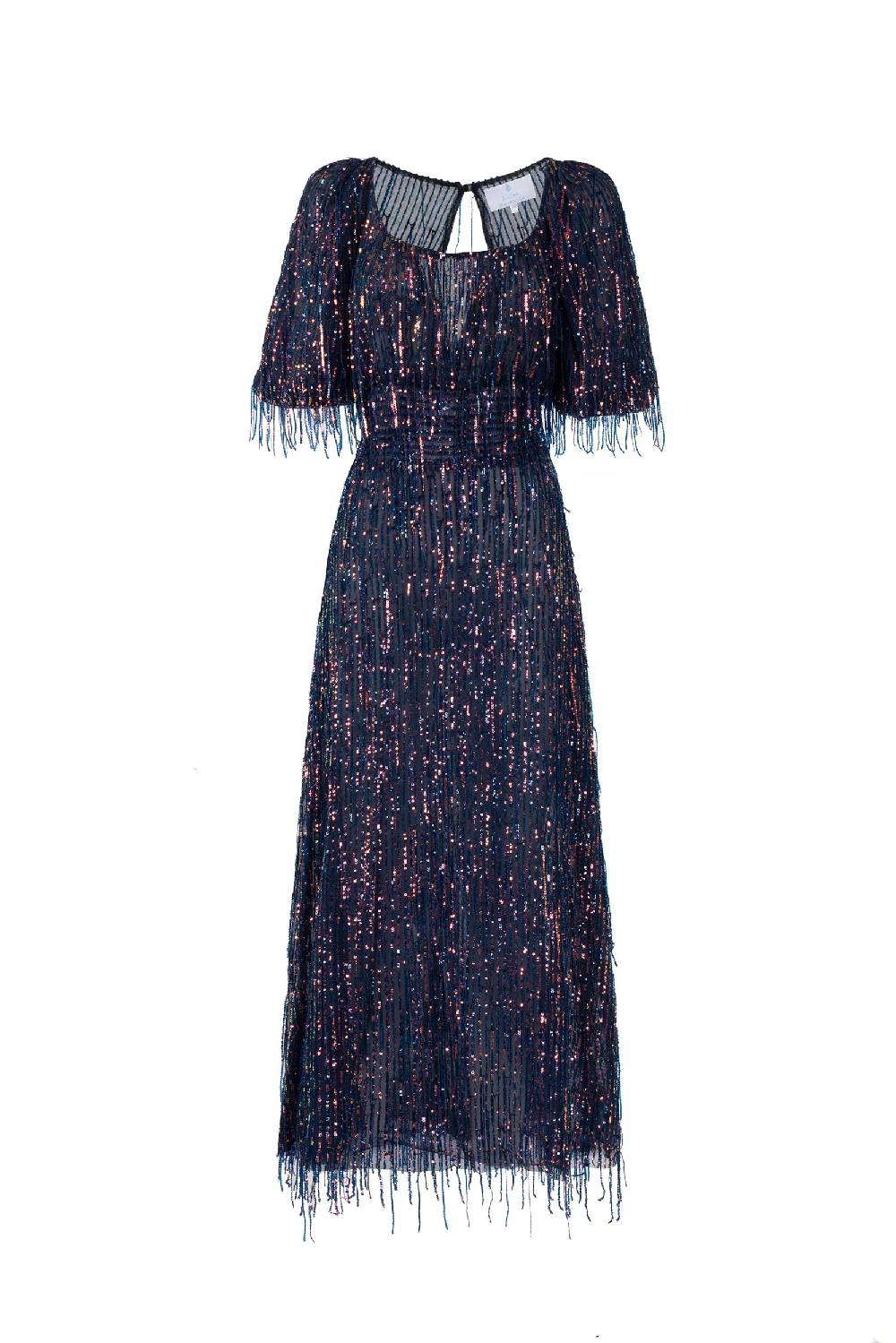 Luisa Beccaria Abito in paillettes con scollatura ampia e frange