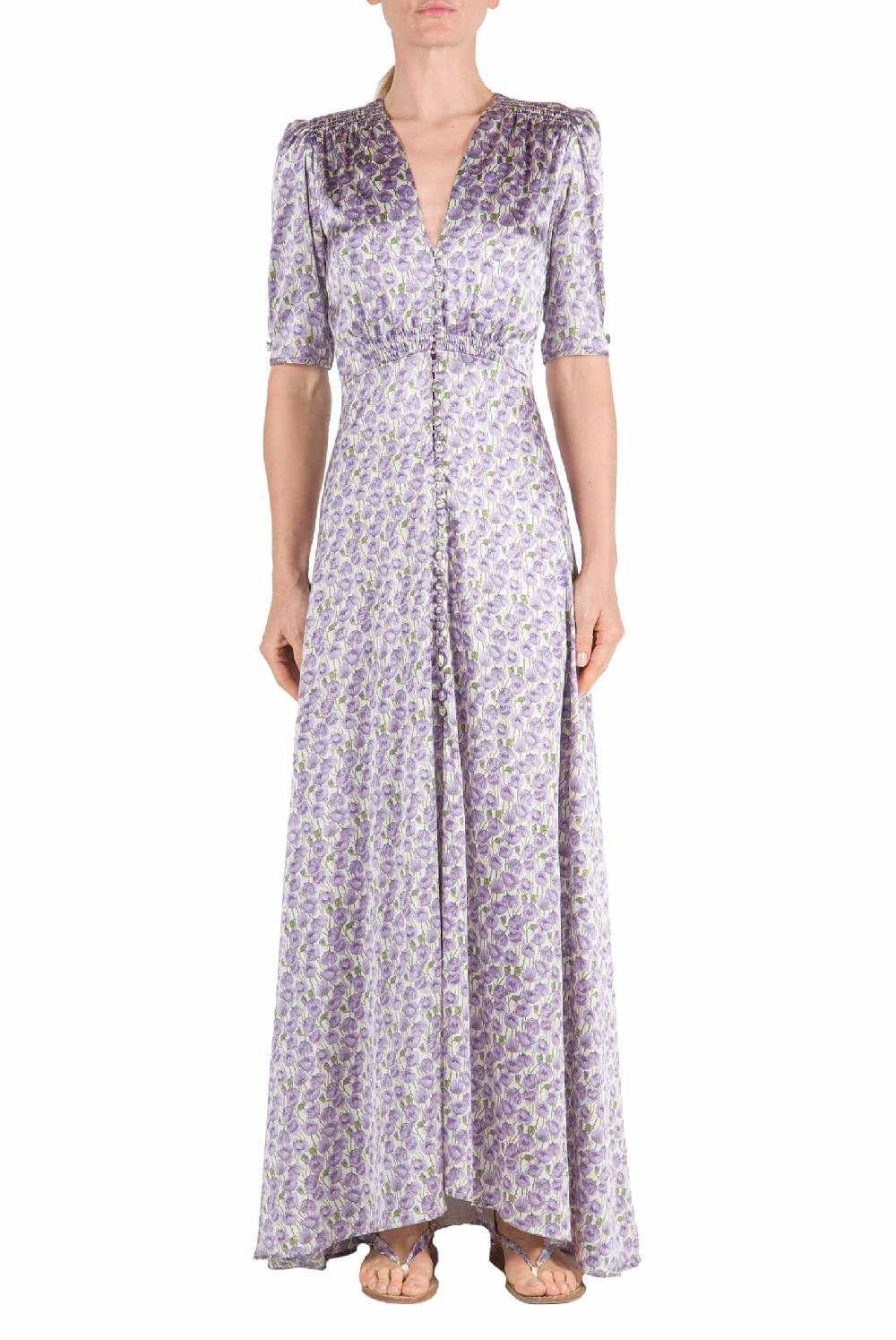 Luisa Beccaria Abito In Raso Bottoncino Micro Papaveri