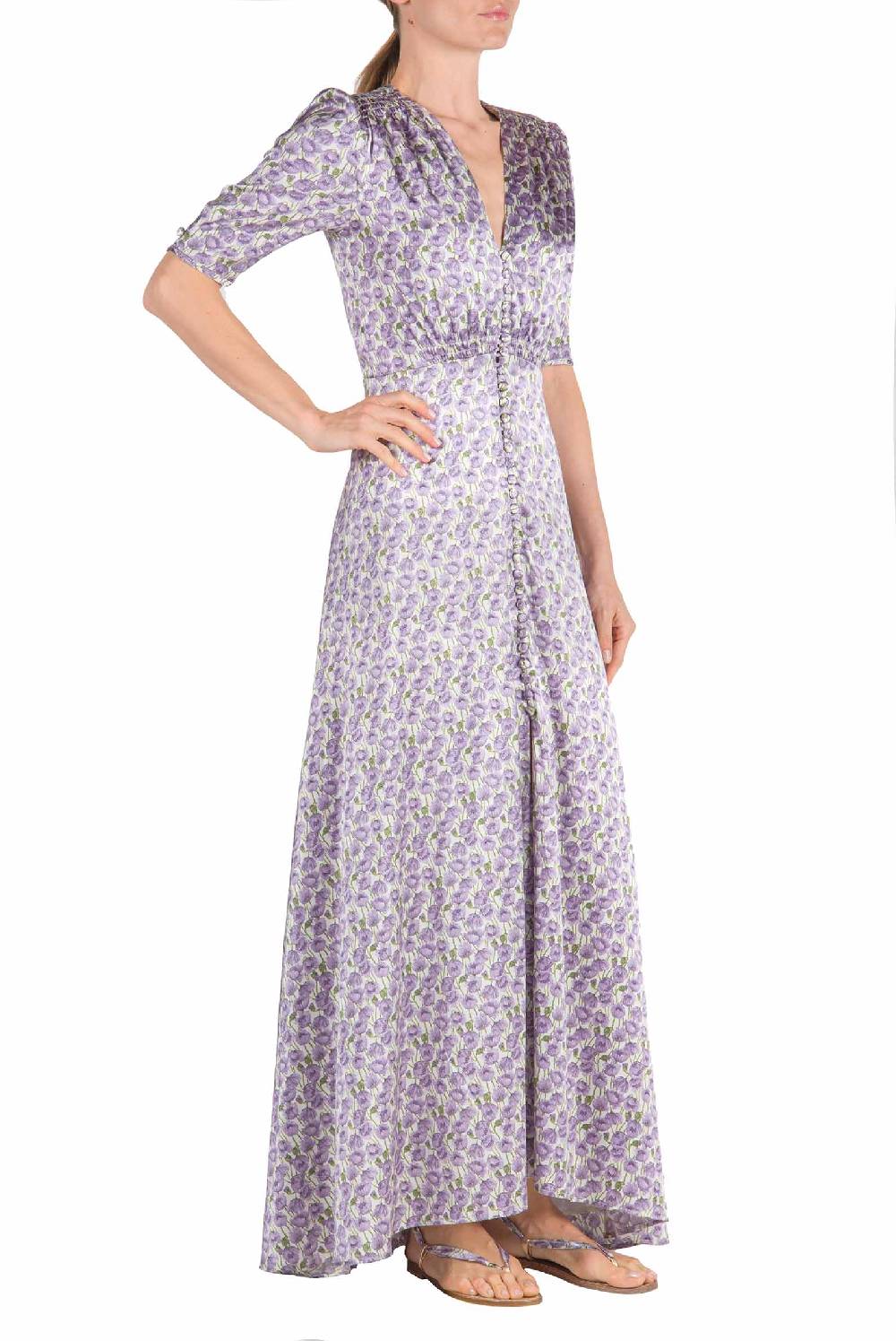 Luisa Beccaria Abito In Raso Bottoncino Micro Papaveri