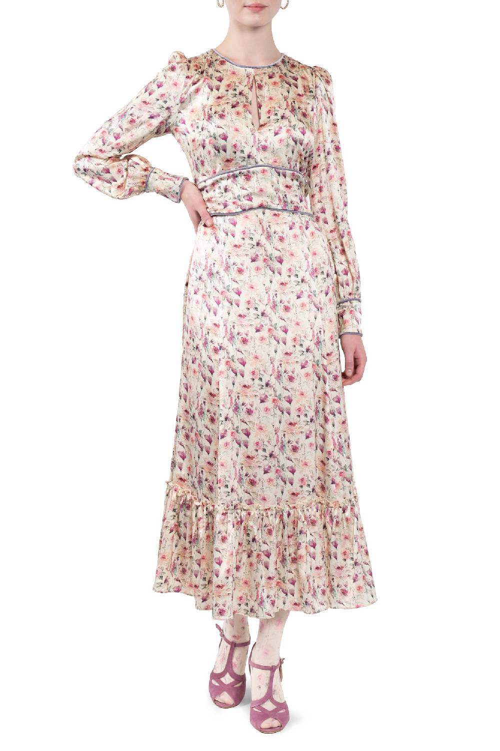 Luisa Beccaria Abito In Raso Stampato Crema Con Rose Selvatiche