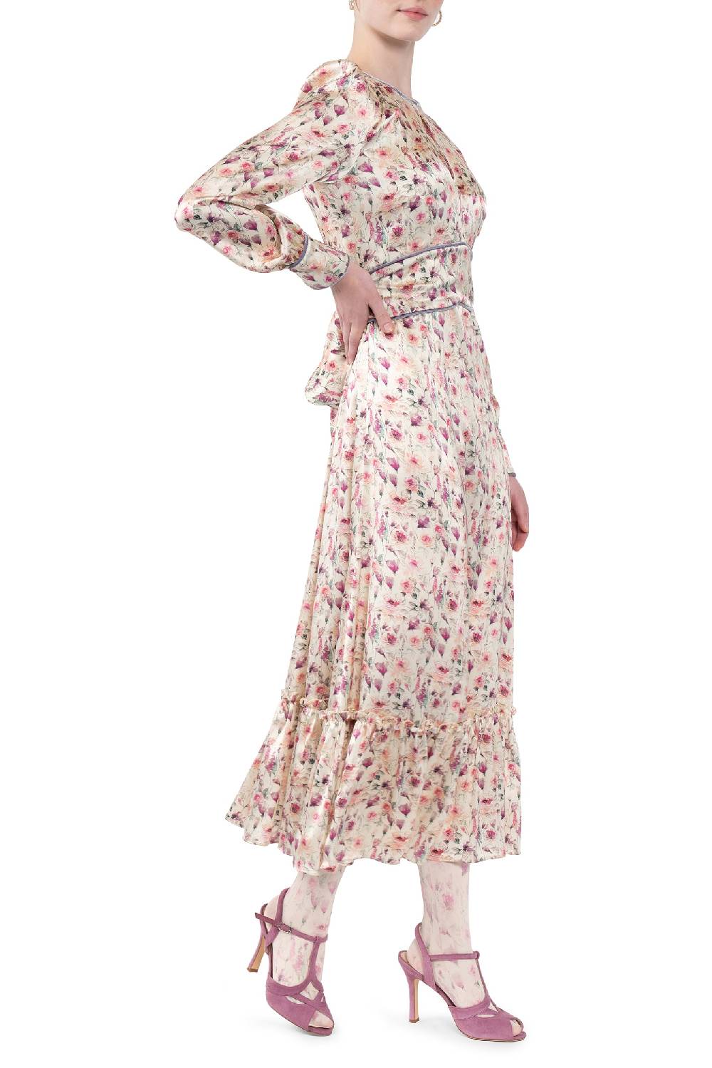 Luisa Beccaria Abito In Raso Stampato Crema Con Rose Selvatiche