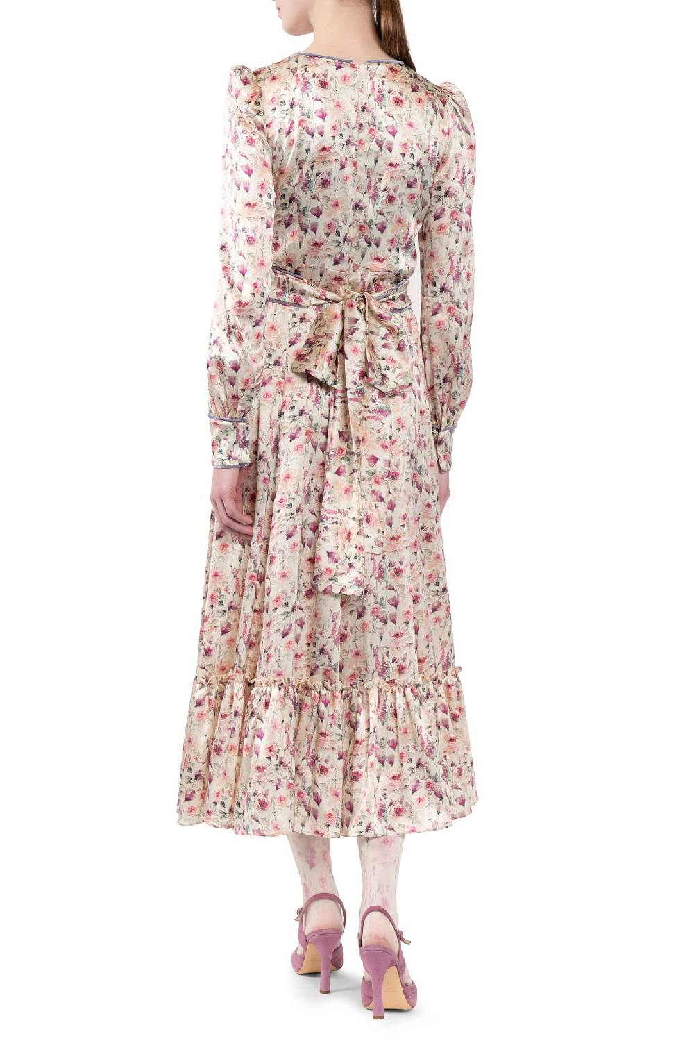 Luisa Beccaria Abito In Raso Stampato Crema Con Rose Selvatiche