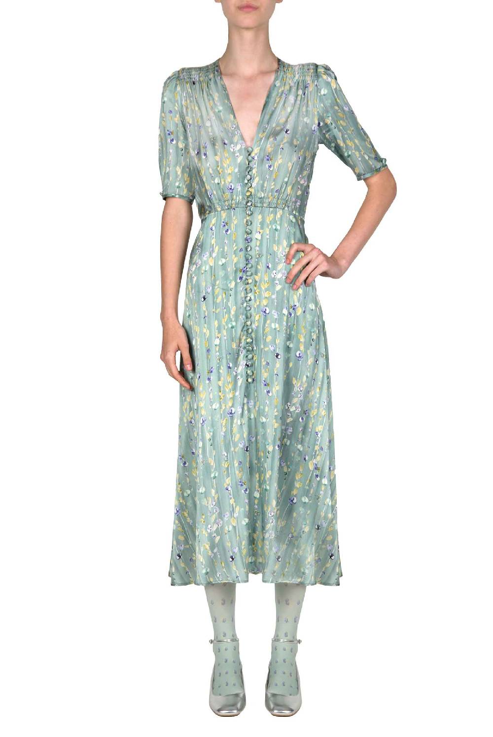 Luisa Beccaria Abito In Seta Bottoncino Con Ghirlanda Di Fiori