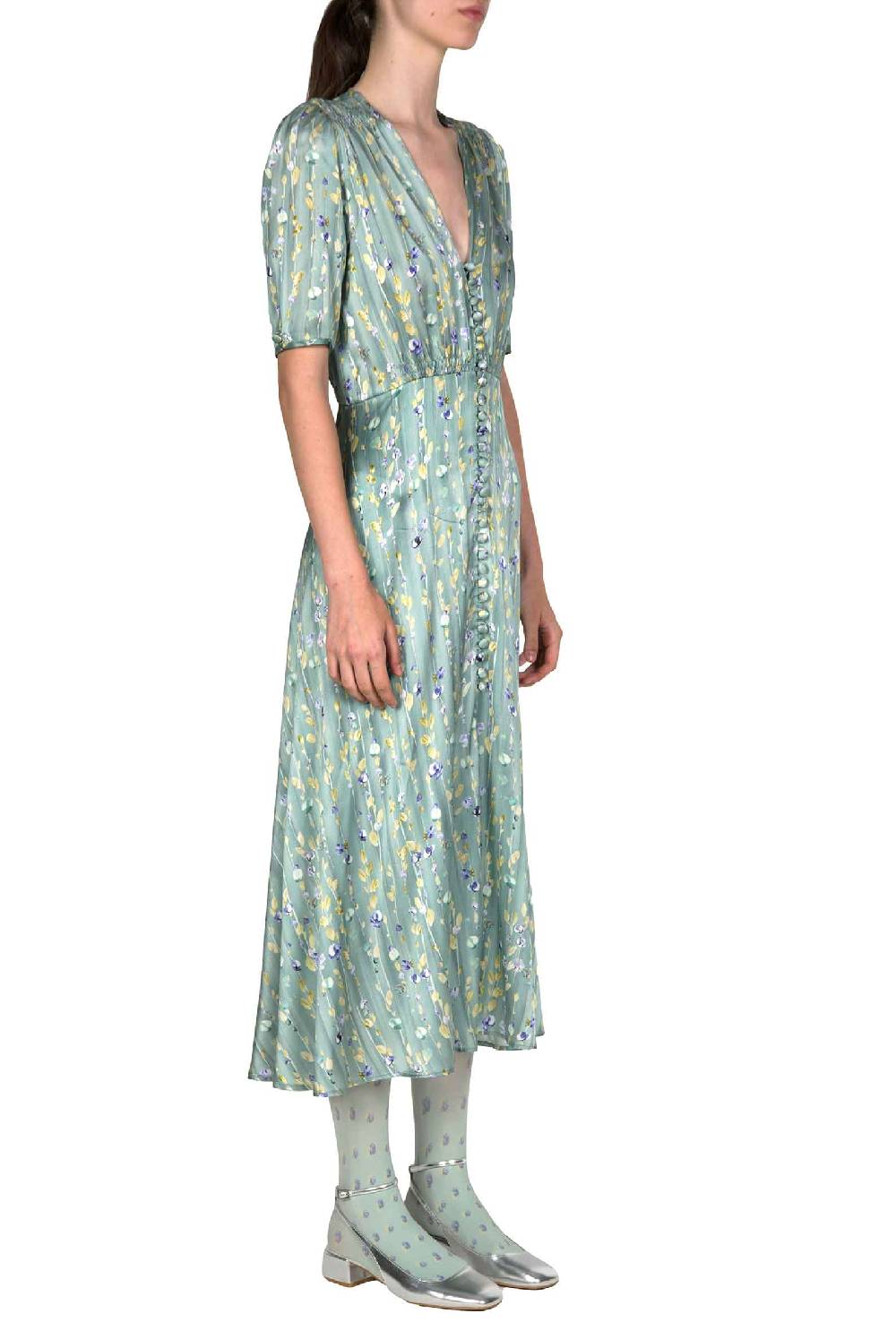 Luisa Beccaria Abito In Seta Bottoncino Con Ghirlanda Di Fiori