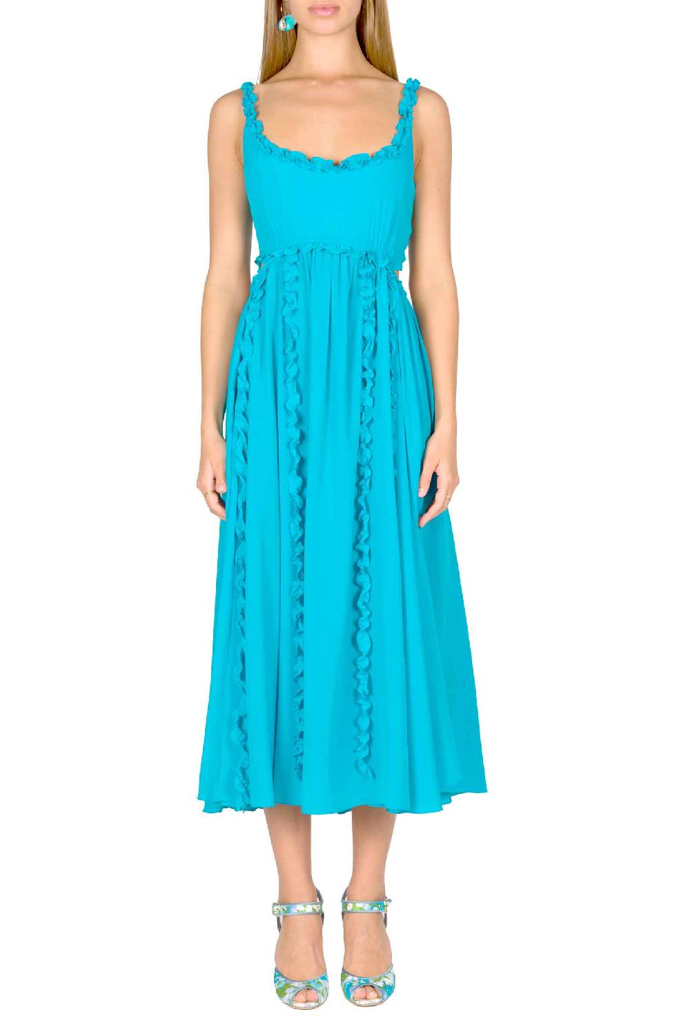 Luisa Beccaria Abito In Seta Turchese Con Dettagli In Ruches