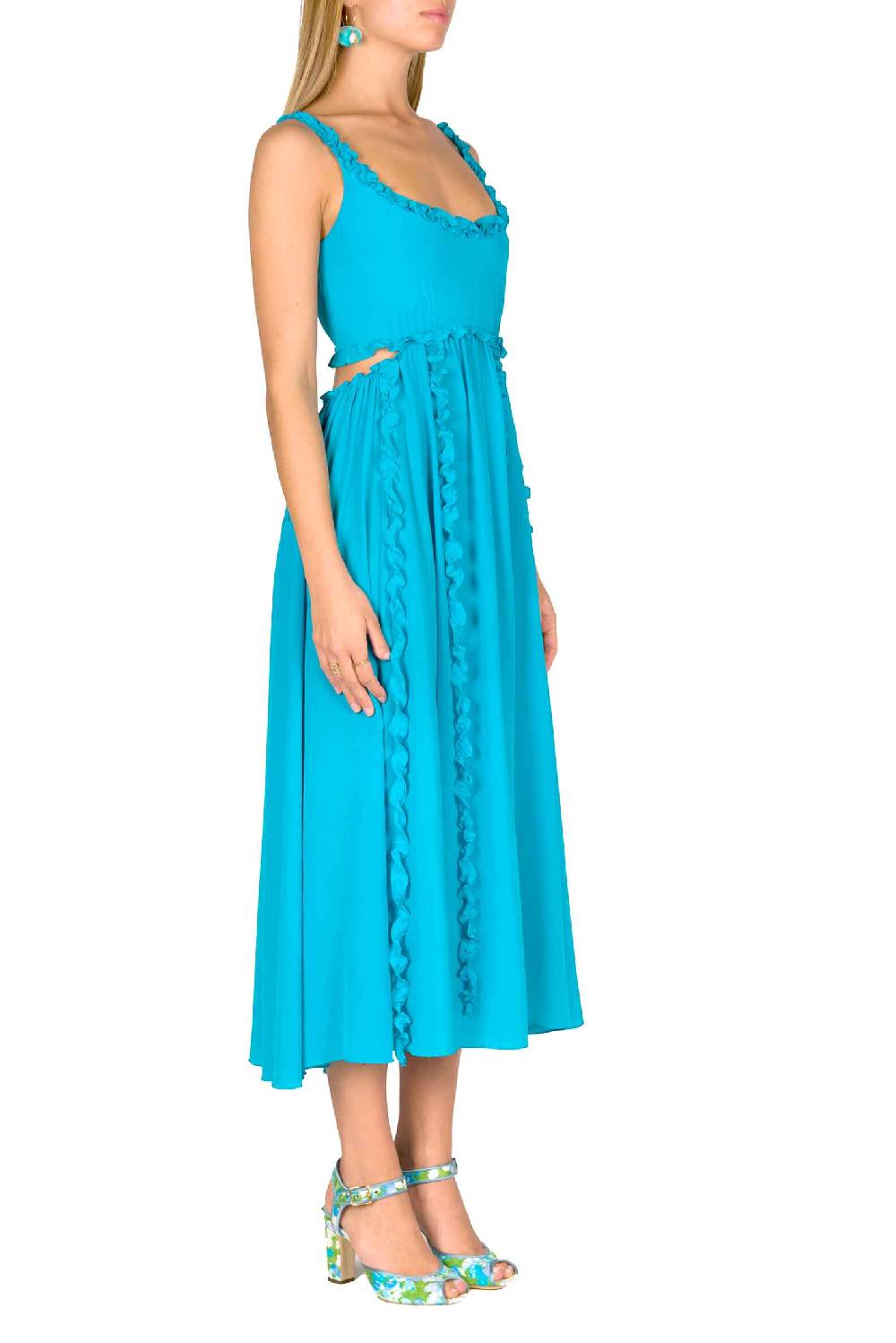 Luisa Beccaria Abito In Seta Turchese Con Dettagli In Ruches