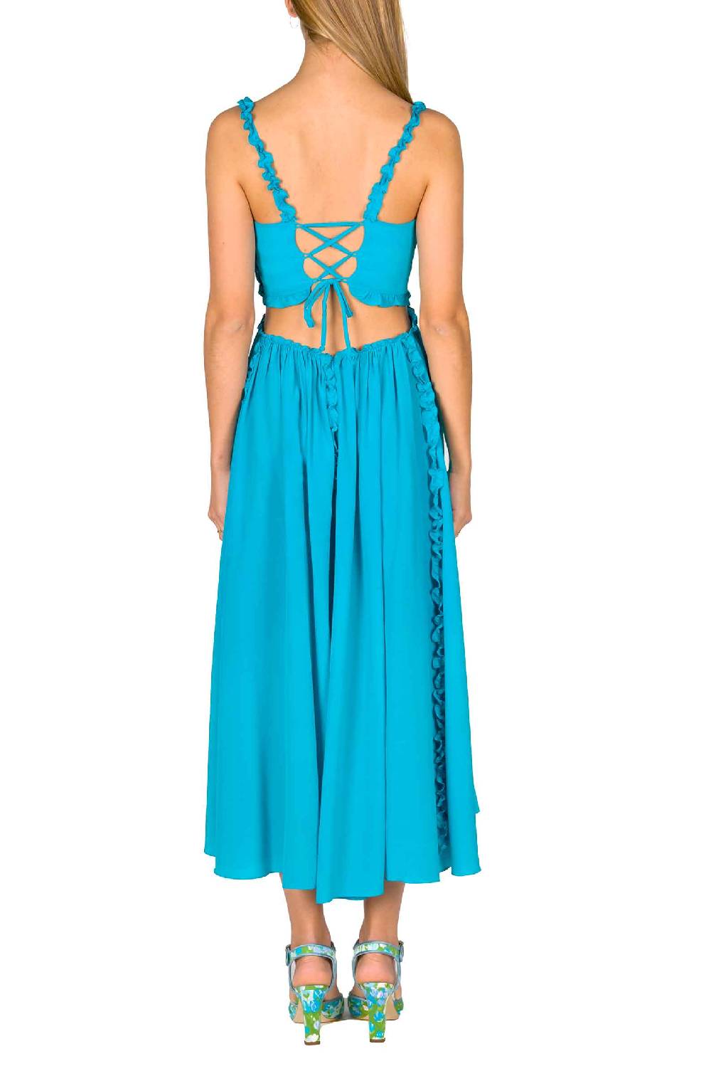 Luisa Beccaria Abito In Seta Turchese Con Dettagli In Ruches