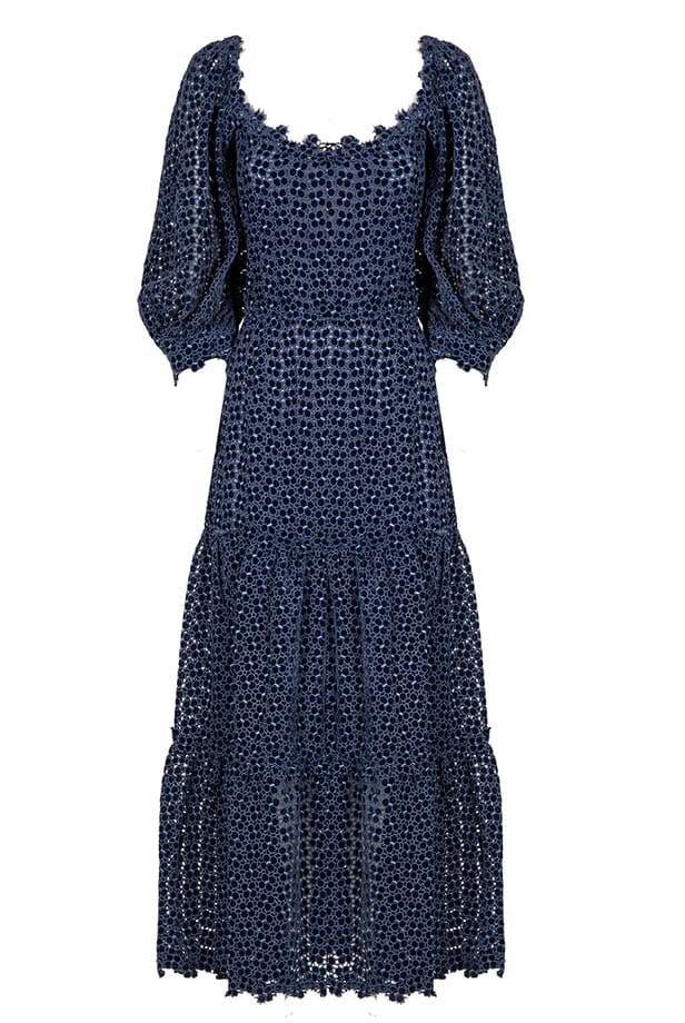 Luisa Beccaria Abito longuette con maniche a sbuffo ricamato floreale