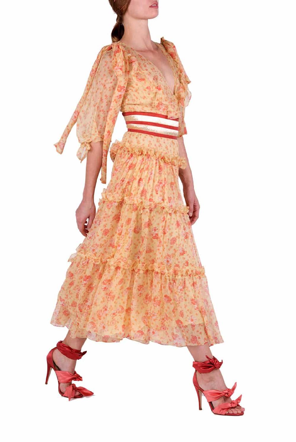 Luisa Beccaria Abito Longuette In Chiffon Floreale Con Balze