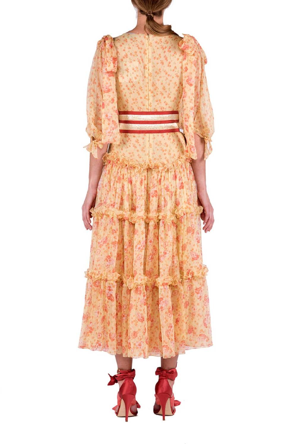 Luisa Beccaria Abito Longuette In Chiffon Floreale Con Balze