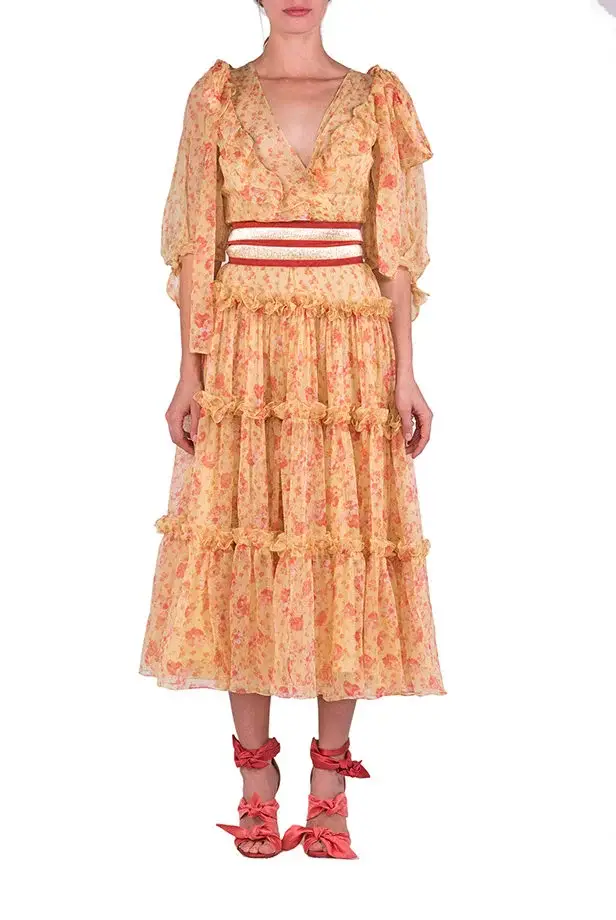 Luisa Beccaria Abito longuette in chiffon floreale con balze