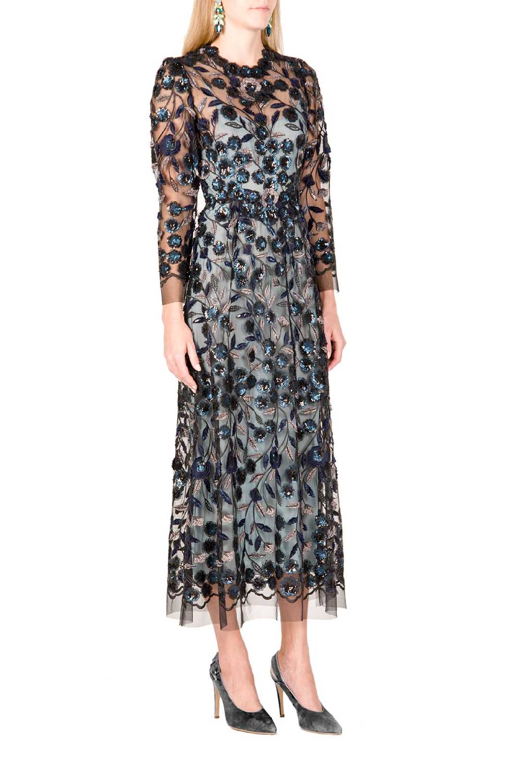 Luisa Beccaria Abito Longuette In Tulle Ricamato Con Paillettes