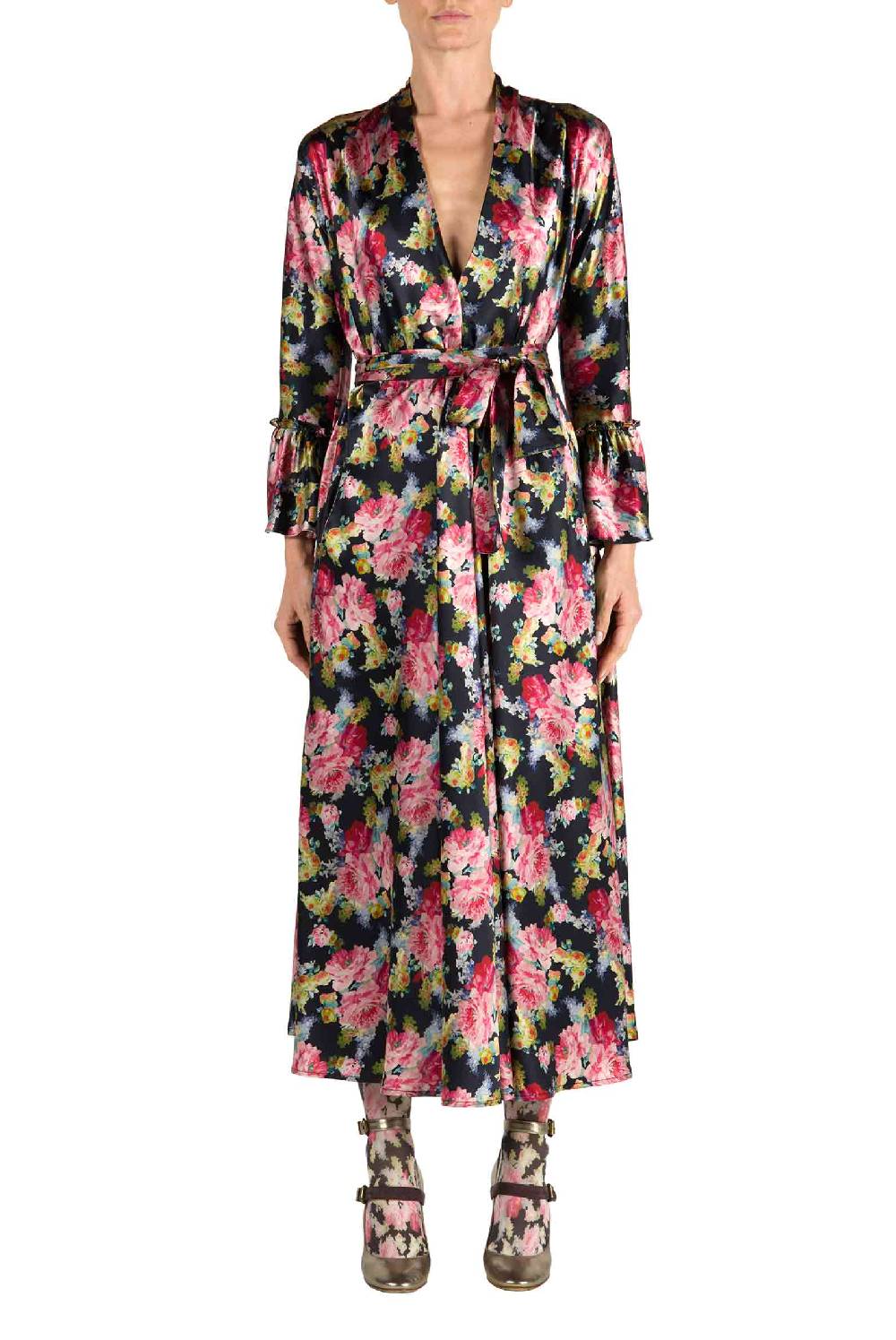 Luisa Beccaria Abito Luisa Wrap Satin Floreale Stampa Rose