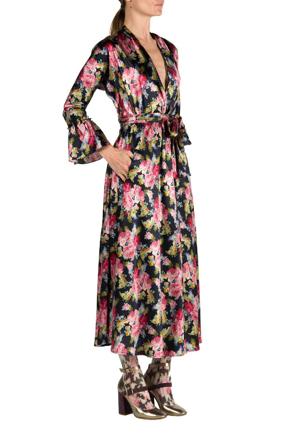 Luisa Beccaria Abito Luisa Wrap Satin Floreale Stampa Rose