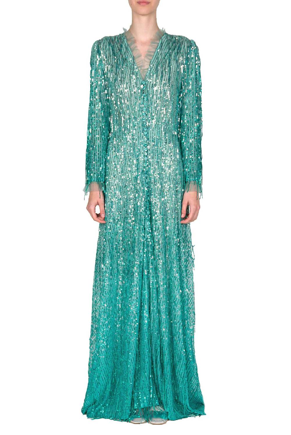 Luisa Beccaria Abito Lungo Bottoncino Con Frange E Paillettes