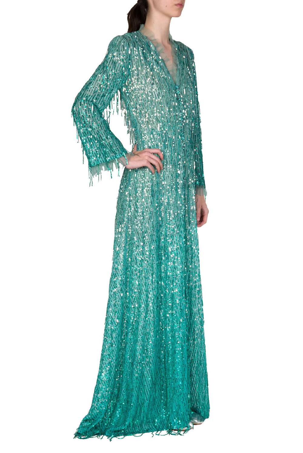 Luisa Beccaria Abito Lungo Bottoncino Con Frange E Paillettes