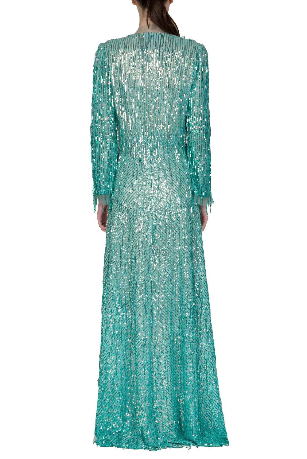 Luisa Beccaria Abito Lungo Bottoncino Con Frange E Paillettes