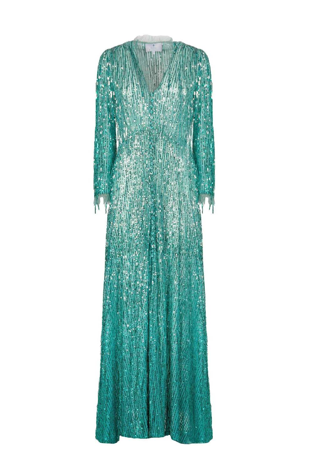 Luisa Beccaria Abito lungo bottoncino con frange e paillettes