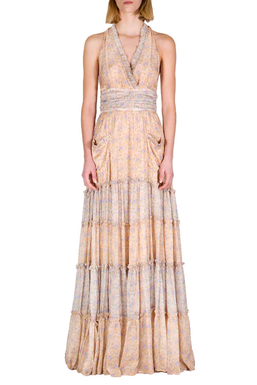 Luisa Beccaria Abito Lungo In Chiffon Increspato Blooming Mirage