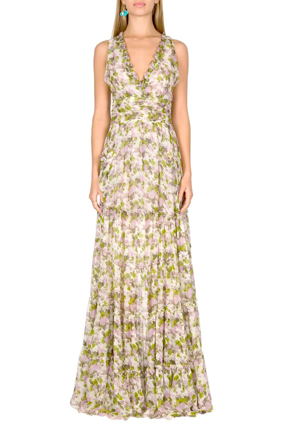 Luisa Beccaria Abito Lungo In Chiffon Increspato Con Rose In Fiore