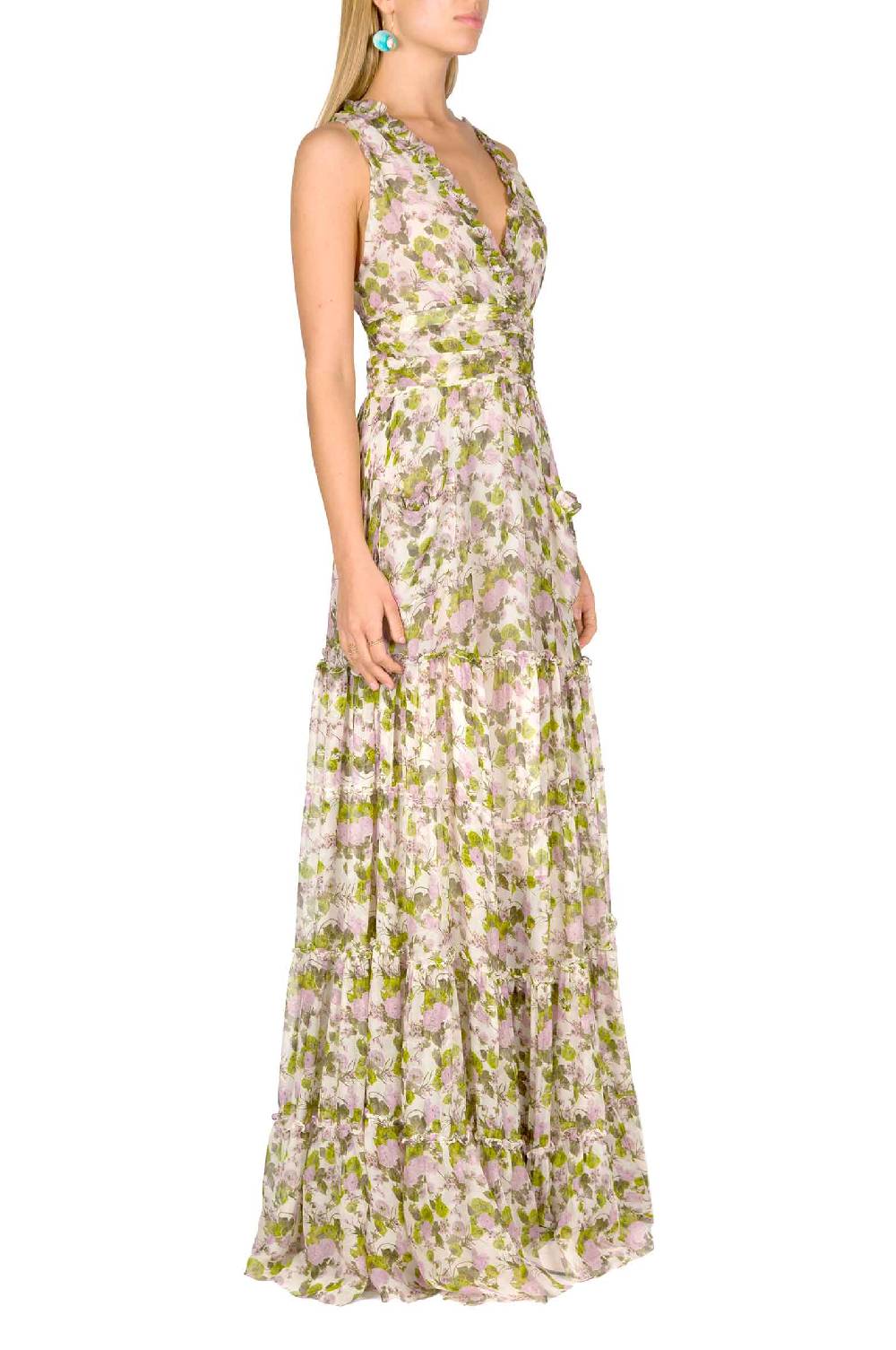 Luisa Beccaria Abito Lungo In Chiffon Increspato Con Rose In Fiore